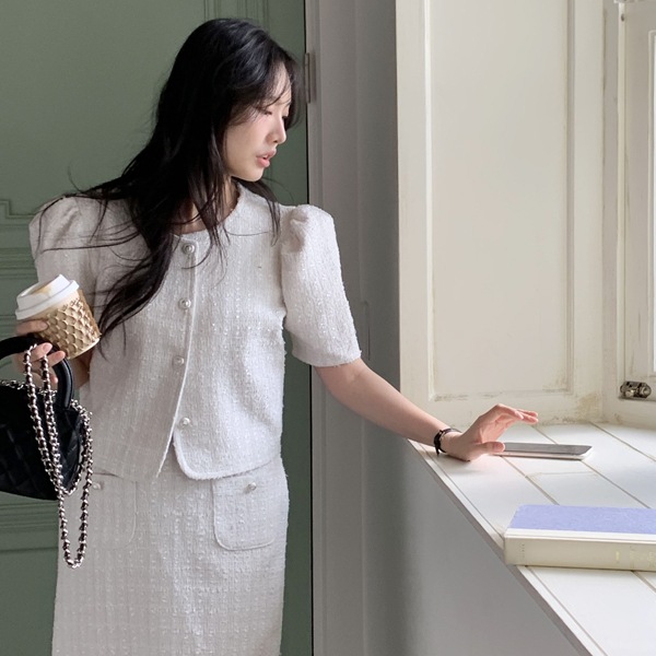 韓国ファッション シャーリングパフ ノーカラー ツイード ジャケット 7,820円