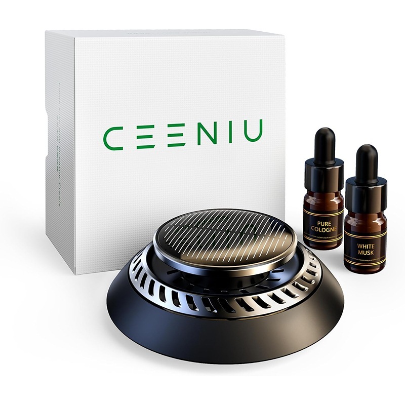 車用芳香剤 高級カー用品 2025新型 アルミ合金製 ソーラー回転式 静音 フランス産天然香料 エッセンシャルオイル2本付き F21 カーフレグランス ギフト