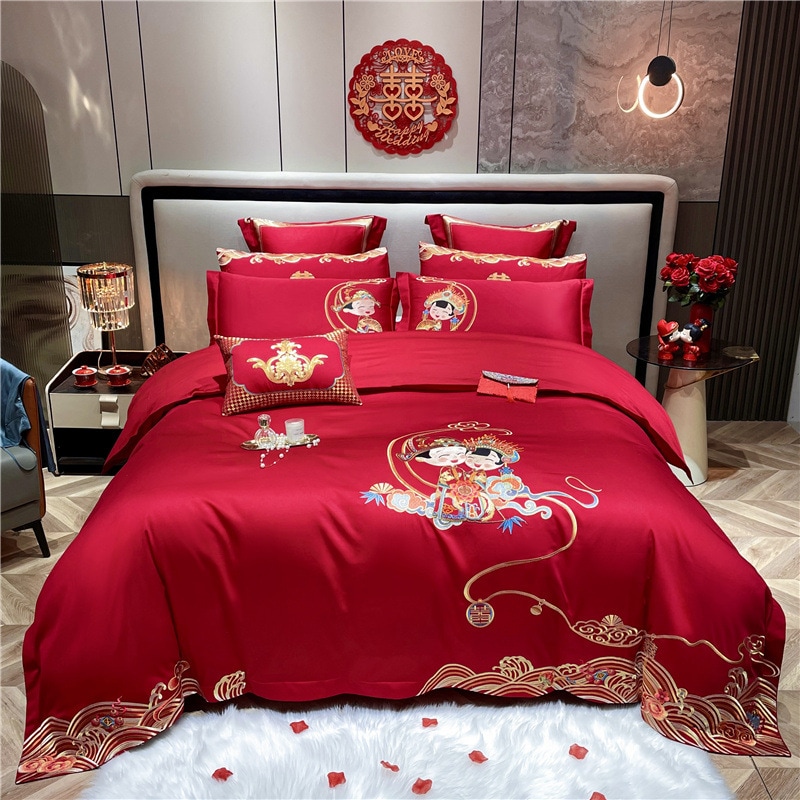 新しい中国スタイル刺繍結婚式4ピースセットベッドキルトカバーウェディングウェディングウェールコットンビッグレッドベッドセット40ロングベルベットコットン 2222222