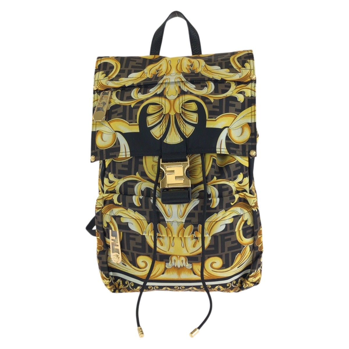 超美品 フェンダーチェ FENDI×VERSACE ブラック ブラウン イエロー ゴールド金具 ナイロン 7VZ066 リュックサック バックパック レディース 602502