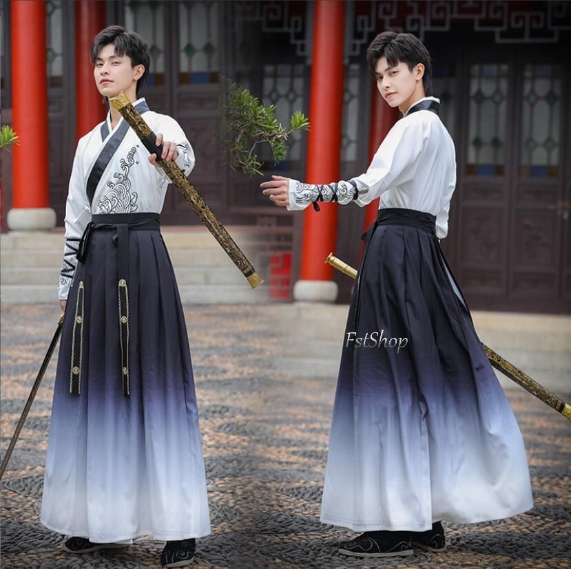【2025新作入荷】ステージダンス衣装メンズ漢服コスプレ服 舞台cosplay唐装2点セットアップ演出服レディース古代コスプレ衣装カジュアル大人用 長袖交差襟コスプレ衣装トップス袴スカート学園祭パーテ