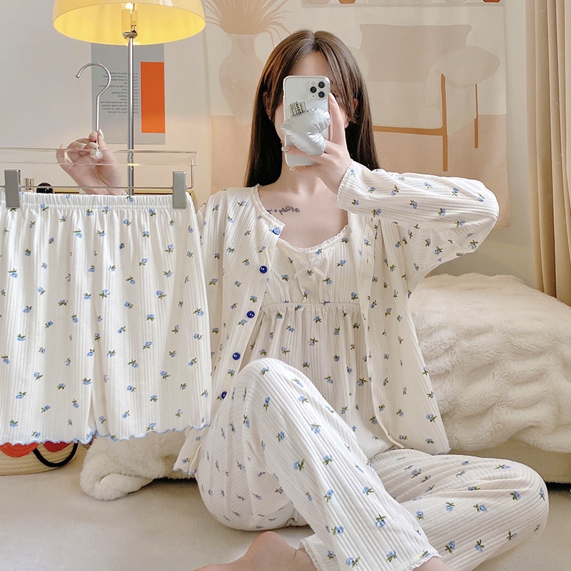 レディース パジャマ 上下 4点セット ハート柄 ルームウェア セットアップ パイピング シャツ＋パンツ ナイトウェア 部屋着 オープンカラー 開襟シャツ イージーパンツ ツーピース 白 ホワイト