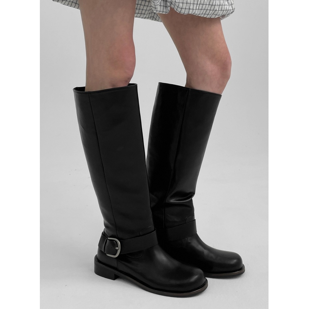 ブラックアップ【春新品】ミルアバックルレザーロングブーツ