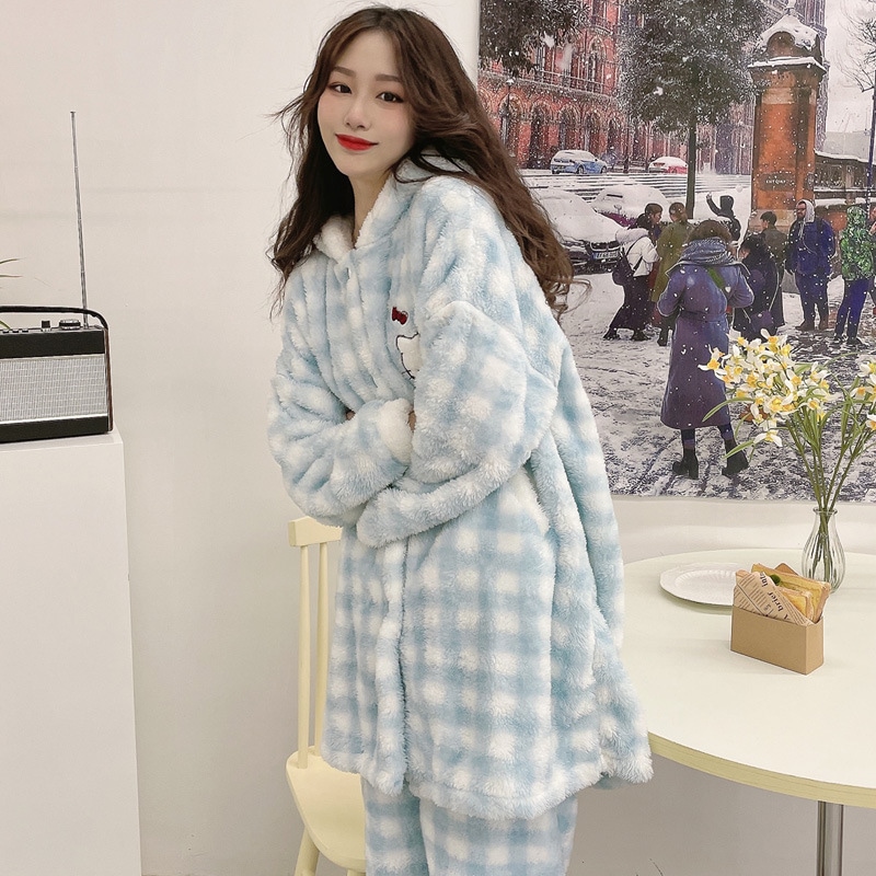 Insサンゴのベルベットの寝衣の女性の冬の帽子の保温Ins ハローキティ コーラル ベルベット パジャマ レディース 秋冬 フード付き チェック柄 Kt 猫 ぬいぐるみ ホームウェア セット