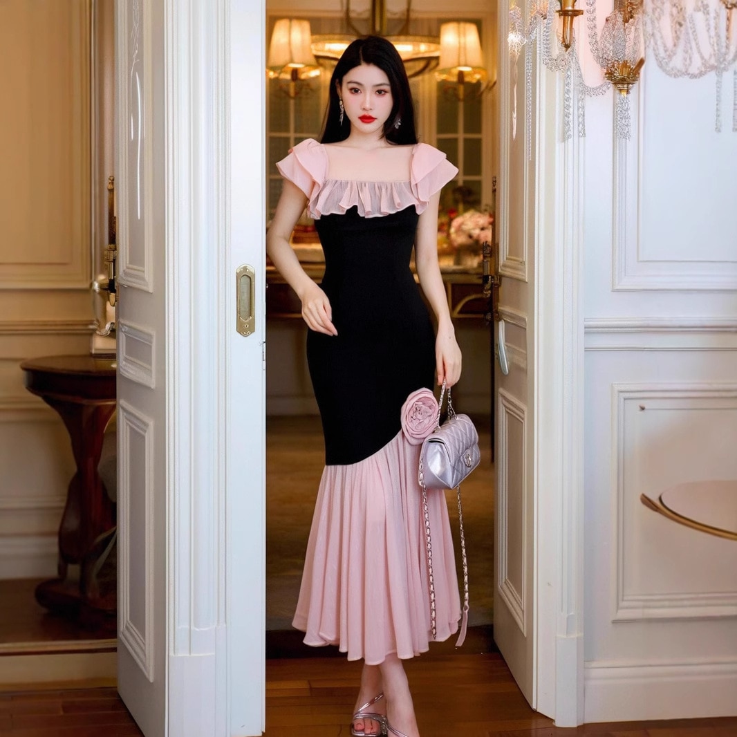 韓国ワンピースドレス レディース かわいいパーティードレス スクエアネックラッフルコントラストカラーイレギュラーワンピース