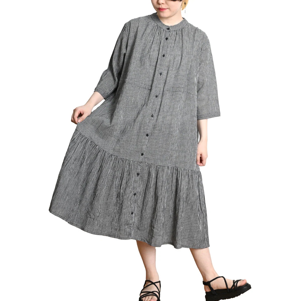 ワンピース チェック柄 五分袖 切り替えワンピース レディース ゆったりふんわり軽やかにチェック柄五分袖前開き切り替えワンピース 前開きワンピース ワンピ 大きいサイズ ゆったり バンドカラー