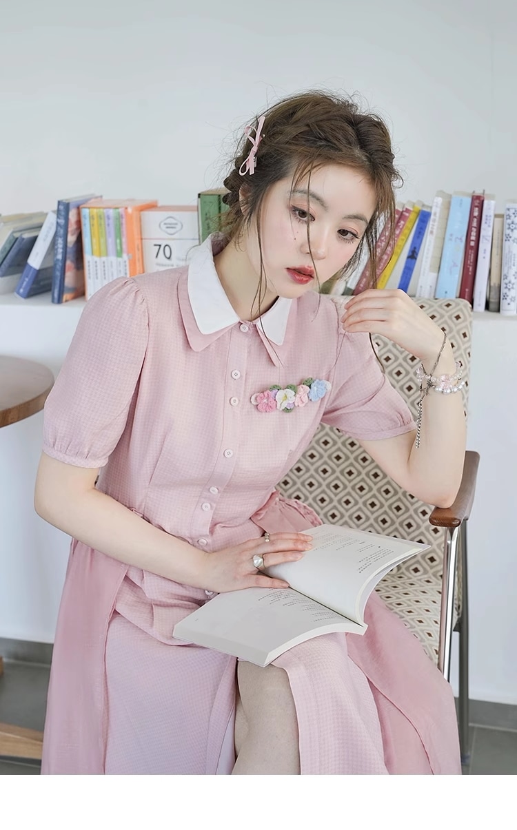 プラスサイズ 婦人服 ピンク ポロ襟 A ライン スカート 夏 甘い ドレス ワンピース 膝下 袖あり 半袖 襟付き かわいい 大人可愛い シンプル カジュアル 大人 上品 おしゃれ お洒落