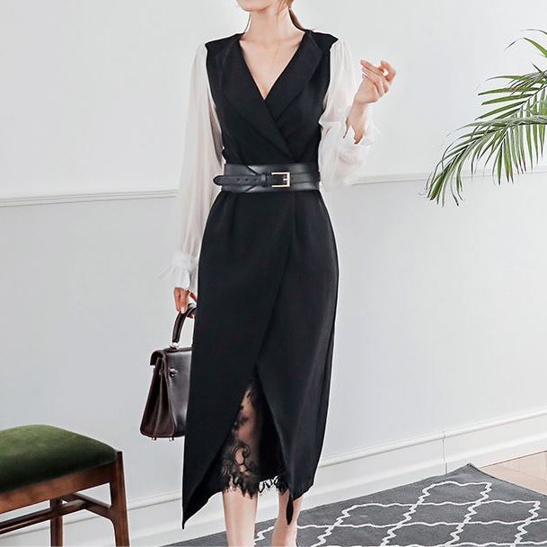 ワンピース レディース ワンピーススーツ ミモレ丈 ひざ下 ミディ丈 カシュクール 長袖