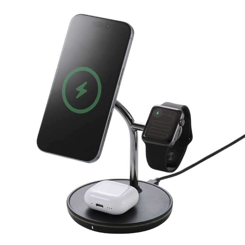 エレコム　ELECOM　ワイヤレス充電器 スタンド型 マグネット対応 3in1 15W MfM認証 Apple Watch高速モジュール MfA認証　W-MS07BK