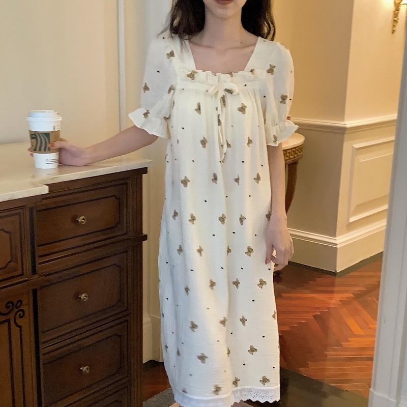 ルームウェア レディース パジャマ リボン 動物 アニマル クマ柄 部屋着 寝巻き ナイトウェア ミモレ丈 半袖 フレア フリル かわいい 大人可愛い シンプル 大人 おしゃれ 大人女子 キュート