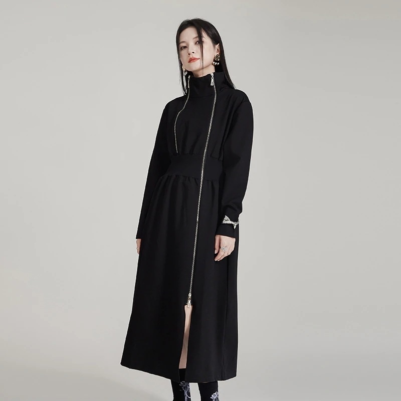 【J.Fashion】 ロングワンピース ファスナー 長袖 タートルネック スリット 個性的なデザイン 関連商品は店で購入可能 メガ割30%までに制限