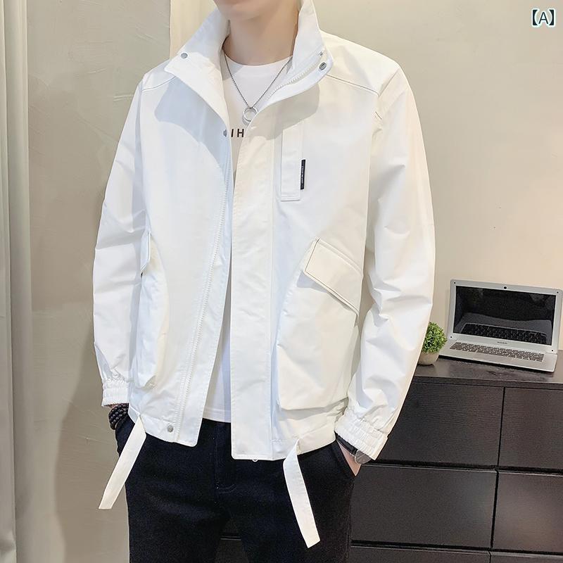 メンズ ファッション 白 ジャケット 春秋 スタンドカラー 薄手 涼しい ジャケット 秋服