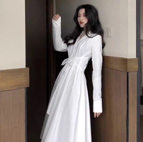 ワンピース シャツワンピース 長袖 カシュクール 開襟 デザイン 美ライン ラップ ベルト ウエストマーク ドレープ ロマンチック リラックス かわいい 大人可愛い きれいめ シンプル カジュアル