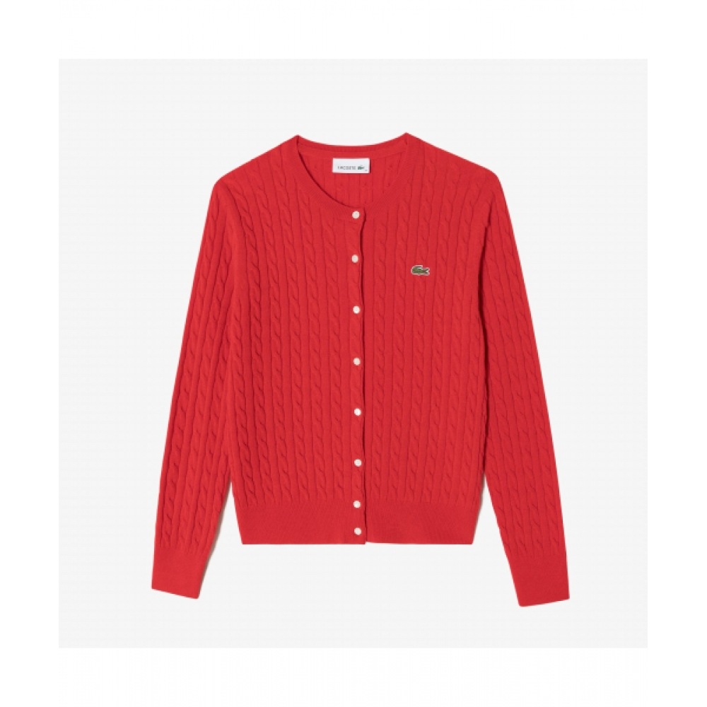 LACOSTE 女性用ケーブルクルーネックカーディガン [レッド]