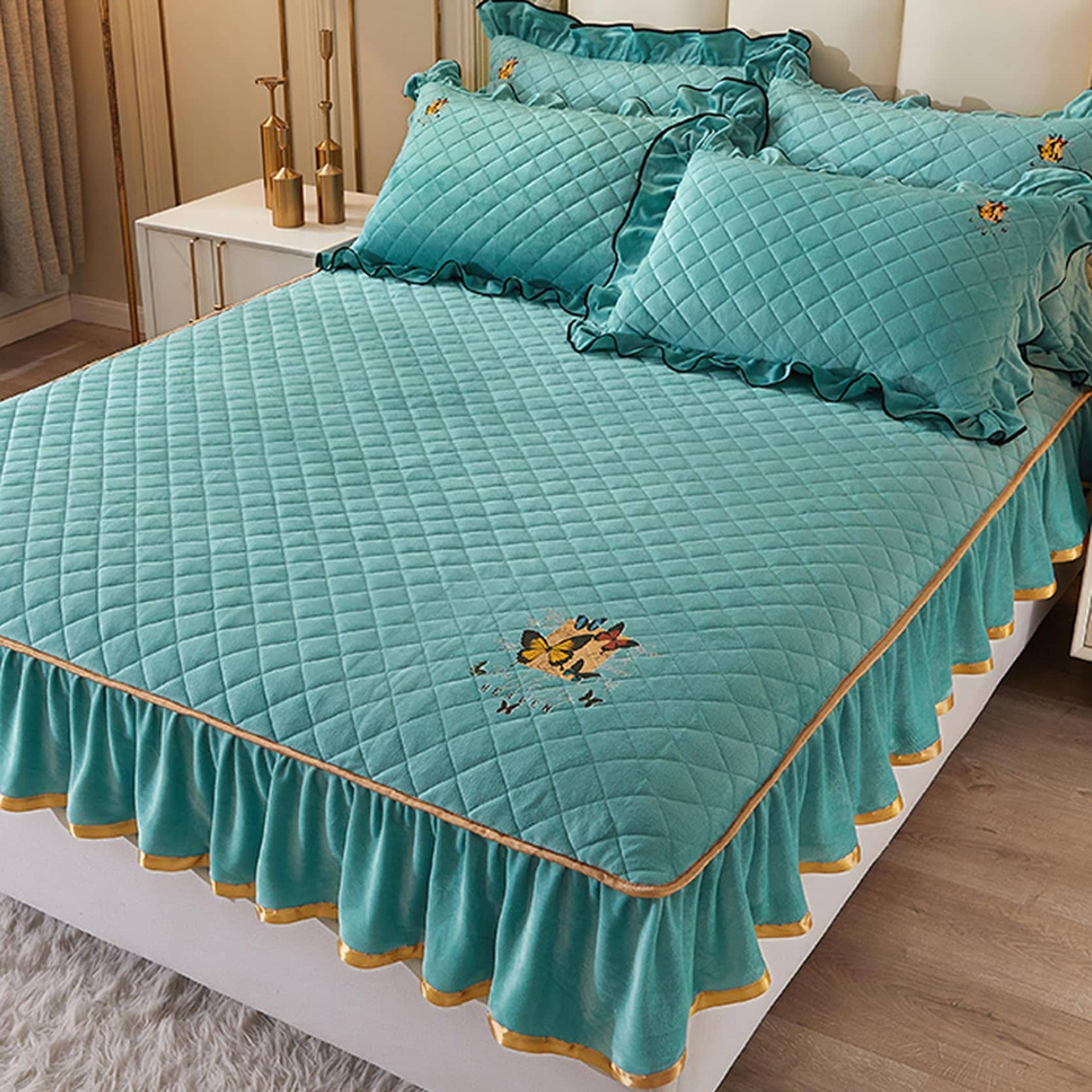 Fzigenle 防寒 冬 ベッドスカート シングル 北欧風 マットレスカバー ダブル 単品 掛ふとんカバー 枕カバー 寝具カバー フランネル あったか グリーンb01 静電防止 快眠 もこもこ フリ