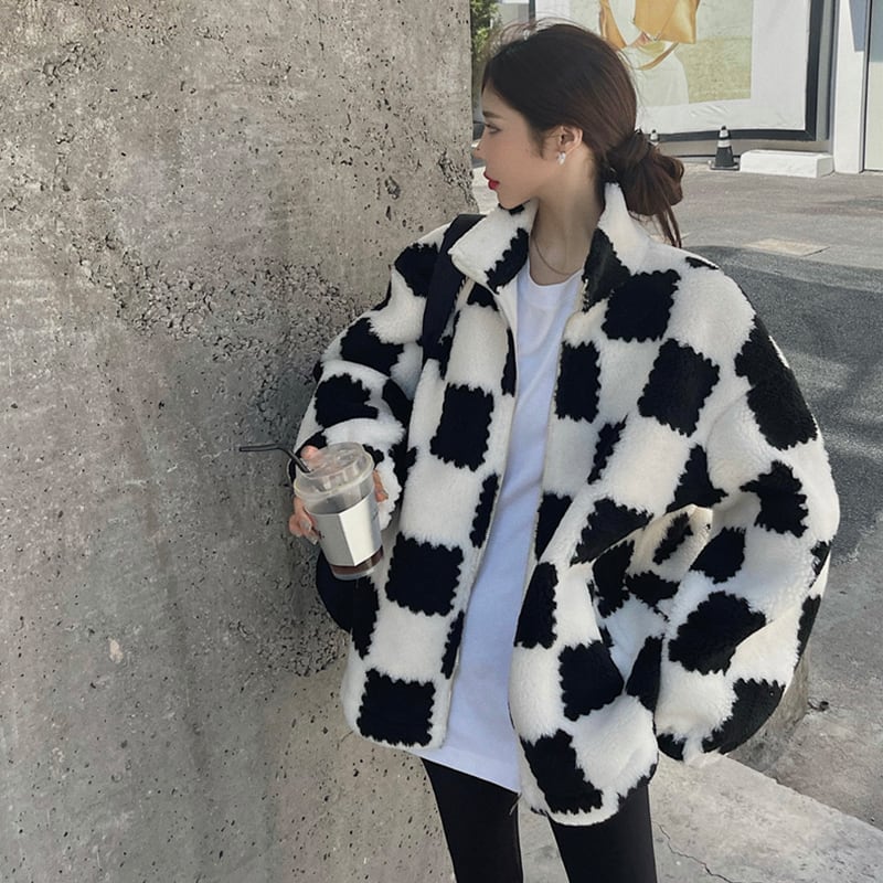 ジャケット ボアジャケット ブルゾン チェック柄 ふわふわ もこもこ ジッパー アウター 羽織り