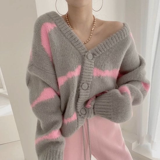 ニットカーディガン レディース Vネック ボーダー 長袖 オーバーサイズ 羽織り ゆるニット ルーズ ミディアム丈 レトロ かわいい ガーリー カジュアル カーディガン おしゃれ