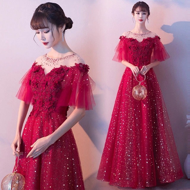 ワイン赤 結婚式ドレス 二次会ドレス ゲストドレス チュール ミモレ丈ドレス ロングドレス 袖あり イブニングドレス ラインストーン キラキラドレス ビーズ 豪華 高級感 発表会ドレス ウェディング