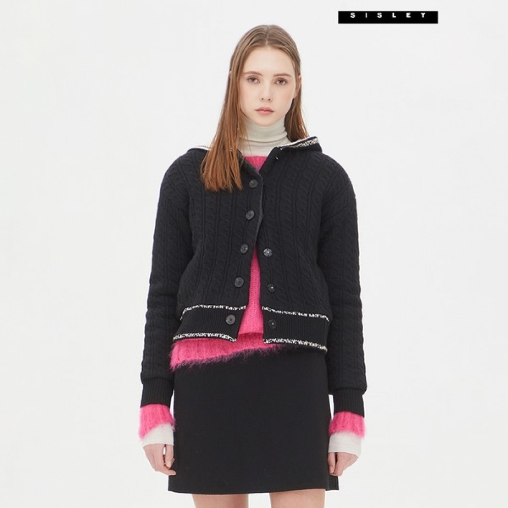 (シスレー) シスレーレタリングケーブルフード付きジップアップカーディガン SAKC46361_BK