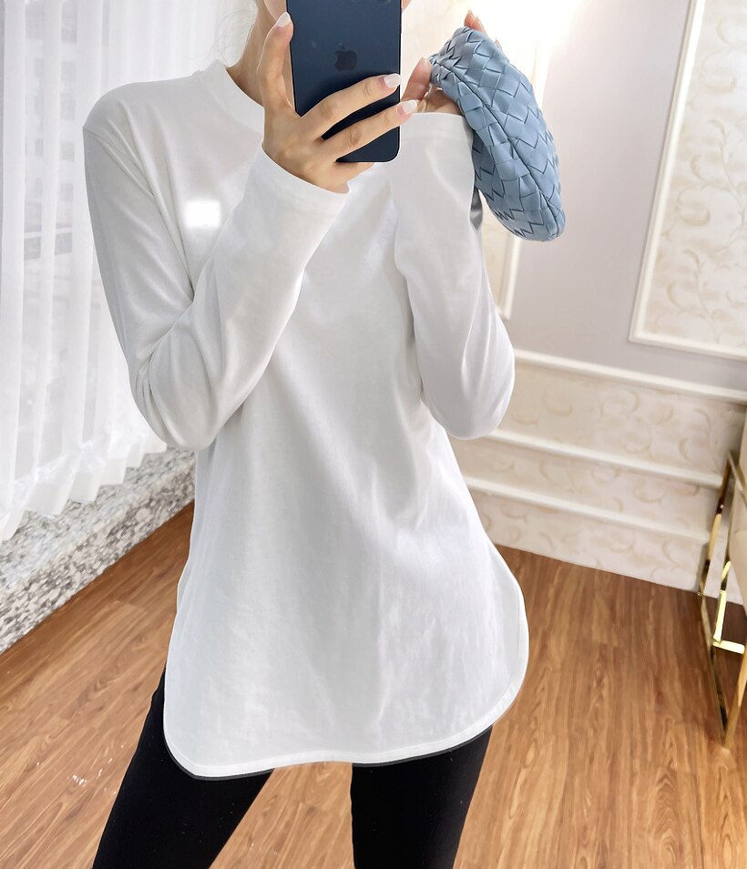 ロンT レディース ロング 長袖 ラウンドネック 薄手 綿 レイヤード シンプル カジュアル かっこいい スポーティー 無地 春 夏 学生 通学 運動 重ね着 楽ちん 普段着 ホワイト トップス