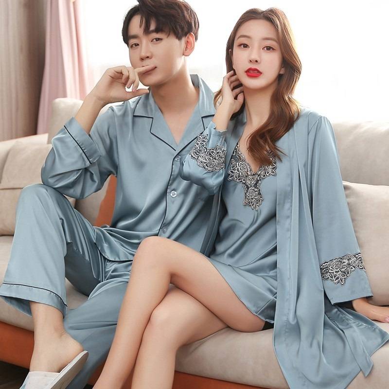 パジャマ ガウン キャミソール セット ツーピース カップル お揃い レディース メンズ ペア サテン 長袖 レース ブルーグレー レッド シャンパン ネイビー M L XL 2XL 3XL おしゃれ