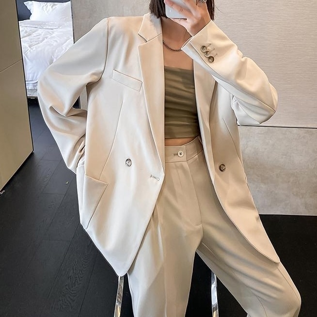 セットアップ スーツ レディース ジャケット パンツ スーツ フルレングス 長袖 襟付き 前開き きれいめ シンプル おしゃれ かっこいい こなれ感 マニッシュ クール カレッジ風 学生風 無地 春