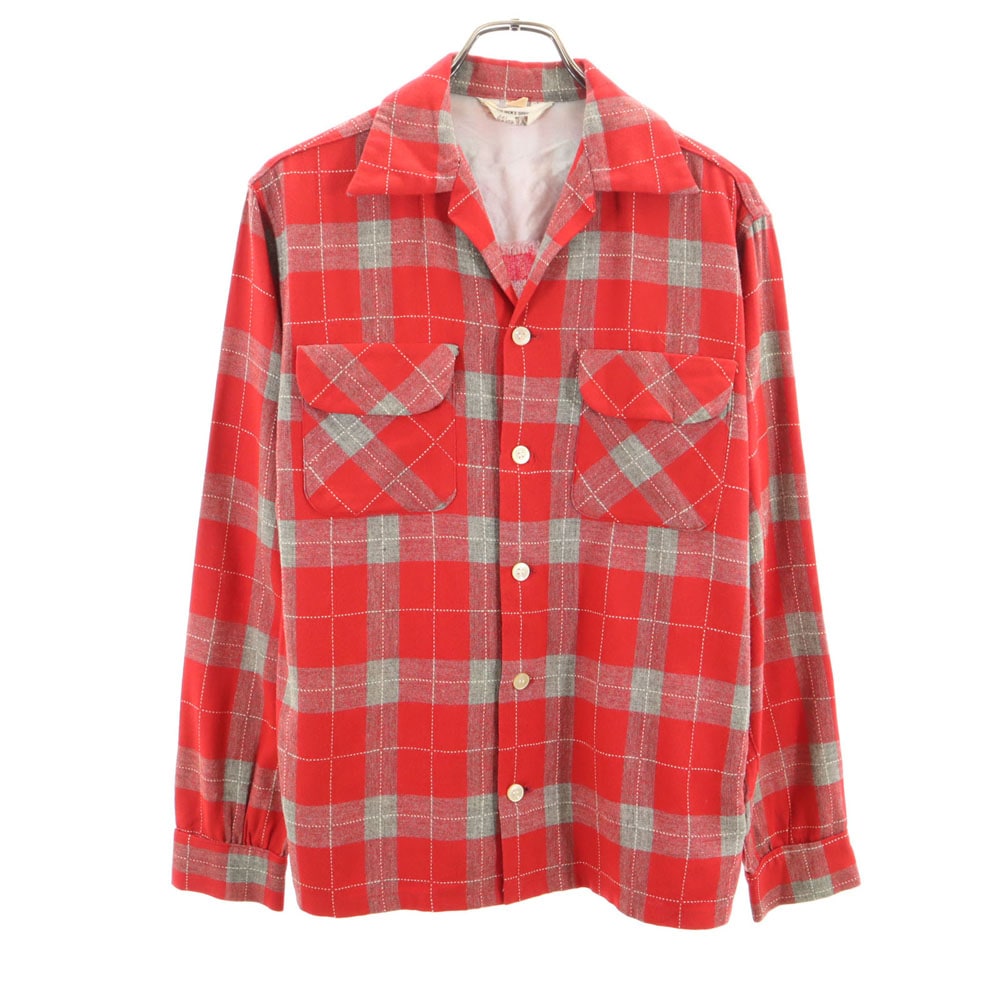 The mens shop 50s 60s 開襟 オープンカラー ヴィンテージ ボックスシルエット チェック柄 長袖 オープンカラーシャツ S 赤系 メンズ
