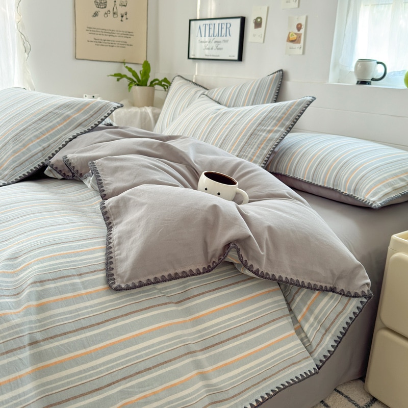 純粋な綿洗浄コットン4ピースセットセットベッドシンプルスタイルの綿寮キルトカバーベッドシート寮3ピースセット
