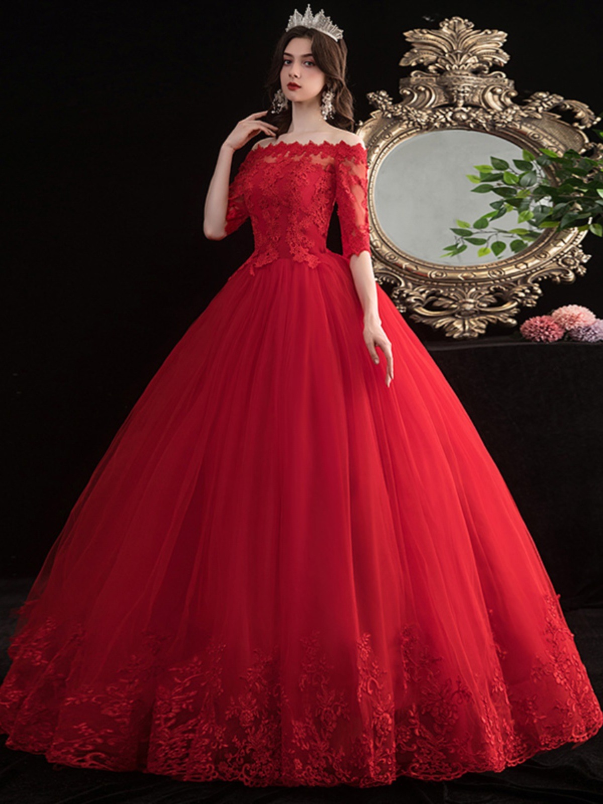 ワンショルダーの赤いウェディングドレス 2025 花嫁のウェディングドレス フロアレングス プラスサイズ スリム プリンセス シンプル ミドルスリーブ