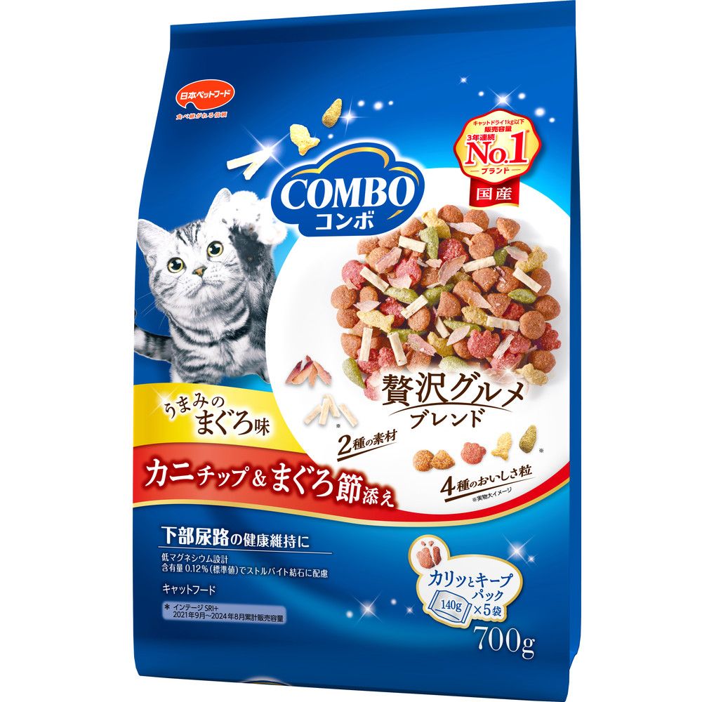 （まとめ買い）日本ペットフード コンボ キャット まぐろ味/カニチップ/まぐろ節添え 700g 猫用フード [x5]