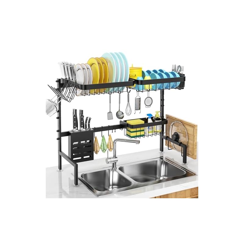 MERRYBOX シンク上 水切りラック 食器 水切りかご 台所用品ホルダ キッチン収納棚 大容量 滑り止め 省スペース ステンレス製 調整可能(幅さ63-83CM)