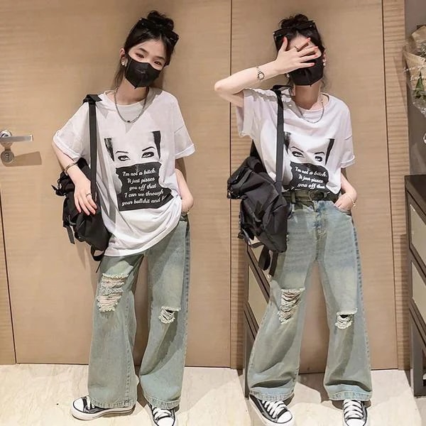 キッズ ダメージデニム ダメージジーンズ ダメージパンツ デニム パンツ ロングパンツ韓国 子供服 子ども服 おしゃれ 服 韓国ファッション 110 120 130 140 150 1