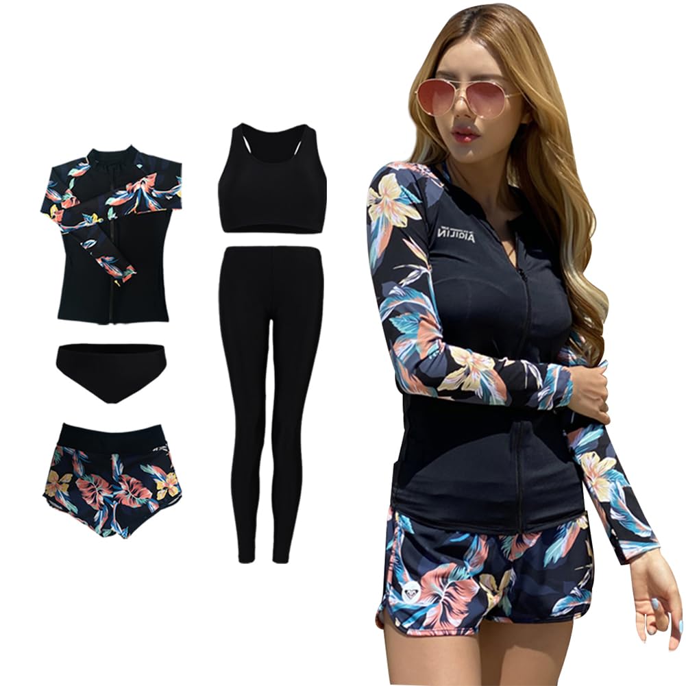 [ANGJ] 水着 レディース 体型カバー フィットネス水着 長袖ラッシュガード セパレート 5点セット レギンス サーフィンパンツ タンキニ UVカット