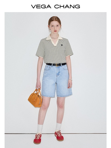 コントラストストライプカジュアル半袖Tシャツ