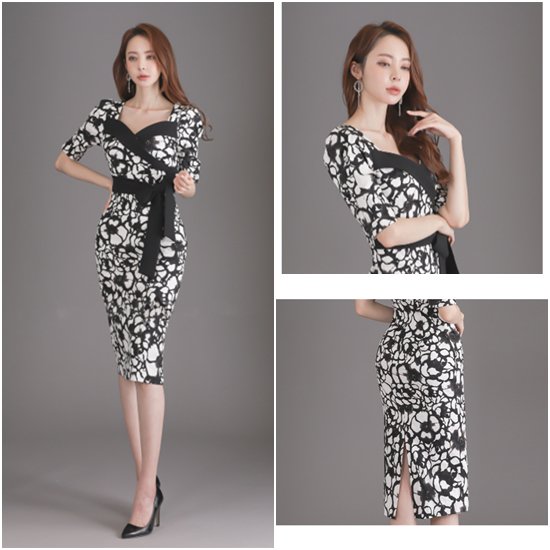 【取寄：納期2週間】ワンピースドレス 半袖 大きいサイズ XL スリムフィット タイトワンピース 総柄プリント 膝丈スカート お呼ばれ フォーマル きれいめ ウエストリボン エレガント