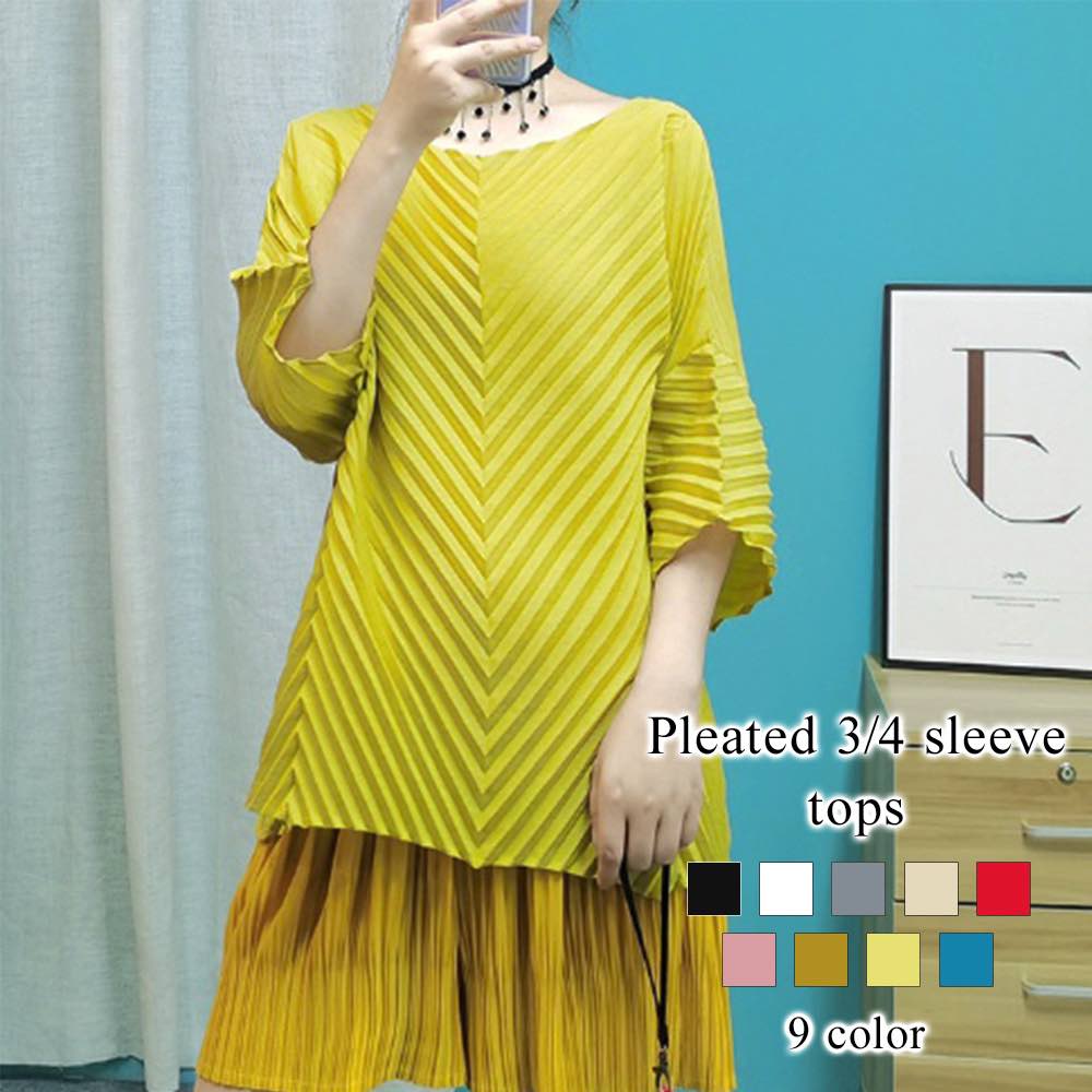 Tシャツ レディース プリーツ5分袖トップス 大人 40代 ブランド かわいい 夏 ゆったり ロング スポーツ トレーナー Vネック ブラウス 人気 ジム 涼しい おしゃれ 7分袖 ティーシャツ 5分