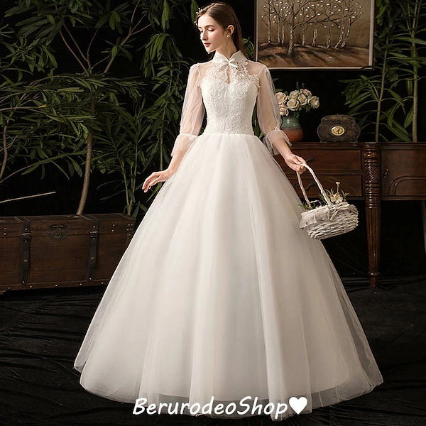 ウェディングドレス 袖あり 7分袖 レース キレイめ ホワイトドレス