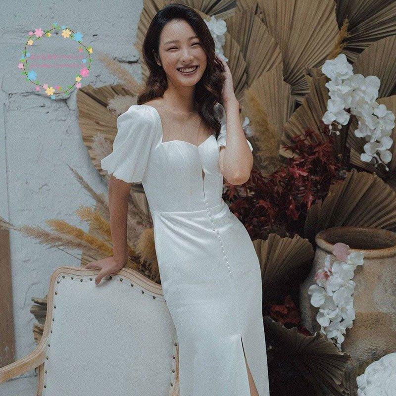 韓国ファッション結婚式 披露宴 ロング 二次会 エレガンス 花嫁 白 半袖 ウェディングドレス パーティードレス 演奏会 スレンダー 安い 挙式 ブライダル マーメイドドレス 発表会