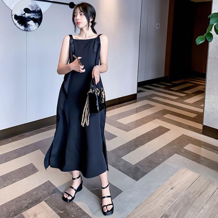春夏 ドレス ロングドレス ワンピース ノースリーブ キャミワンピ ブラック 無地 ゆったり カジュアル リゾート