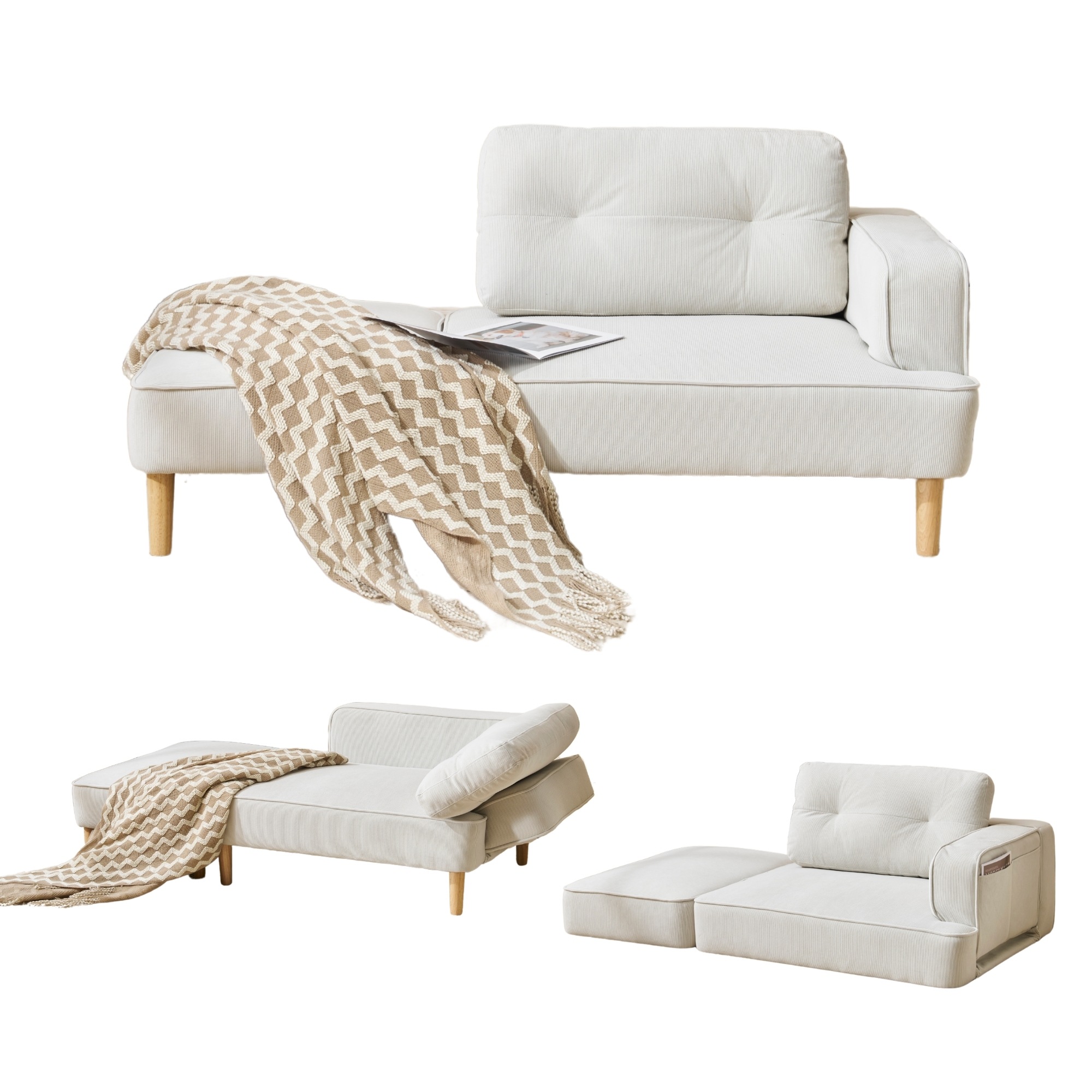 F642-3人掛けソファー Ｌ字ソファー　組み合わせ ソファ 多機能ソファベッド ファブリック　カウチ 自由レイアウト ダイニングソファー オットマン コーナーソファー おしゃれ カウチソファ 5WA