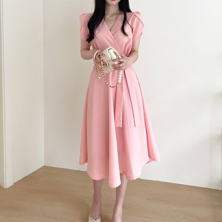 カシュクール ワンピース フラワー袖 フレア ワンピース ミドル丈 フレアタイプ エレガント 上品 半袖 清楚 レトロ かわいい 大人可愛い おしゃれ スタイルアップ ウエストマーク フェミニン 大人