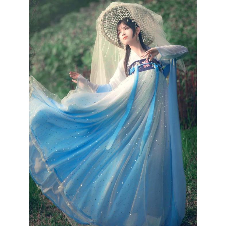 豪華な漢服　中華服　ブルーコスプレ衣装　スパンコールキラキラ漢服唐装　ショール付　華流コスプレ衣装　中国古代宮廷衣装　お姫様貴妃衣装　チャイナ風舞台ス30%までに制限