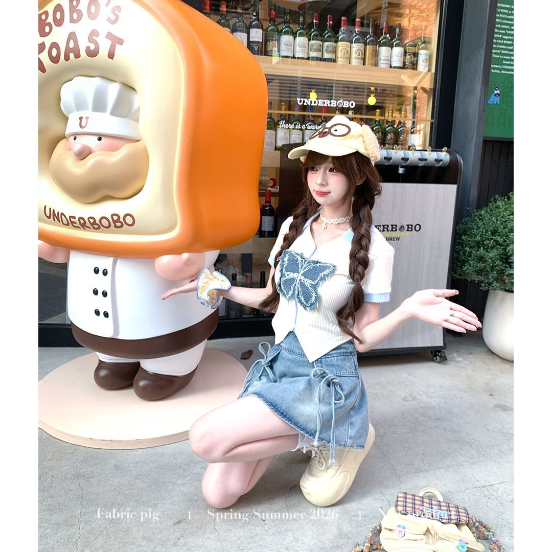 ファブリックピッグ 汐浪楽章 スイート＆クールな少女風ブルーデニムショートスカートセット 夏用プリントトップス2点セット