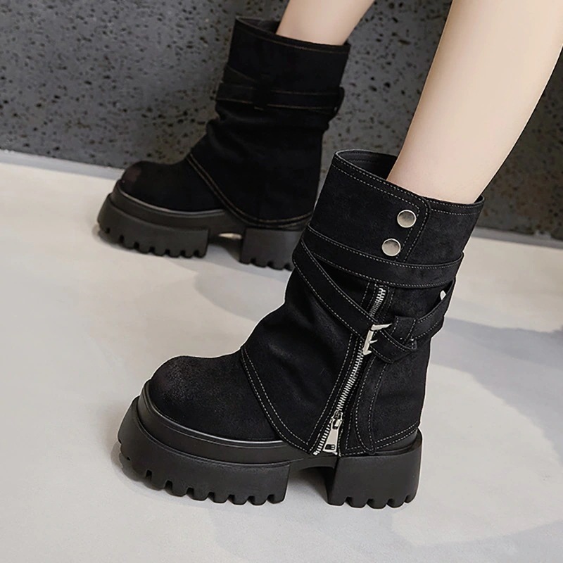 厚底マーチンブーツ レディース 2025 秋冬新モデル 小柄向けインソール増高 ミッドカットチューブブーツ 多コーデパンツカバーブーツ