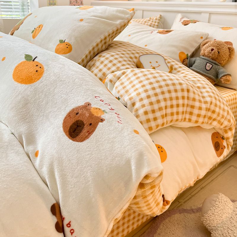 厚手ミルクウールベッドの上に珊瑚絨毯布団カバー両面フランジウールシーツベッド笠の3つのベッドセット