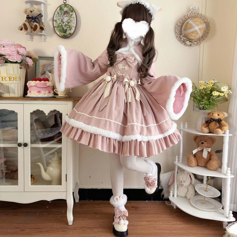 ロリータ正規品冬オーダーメード2点セットワンピースlolitaパイル姫袖スカート元旦クリスマススカート