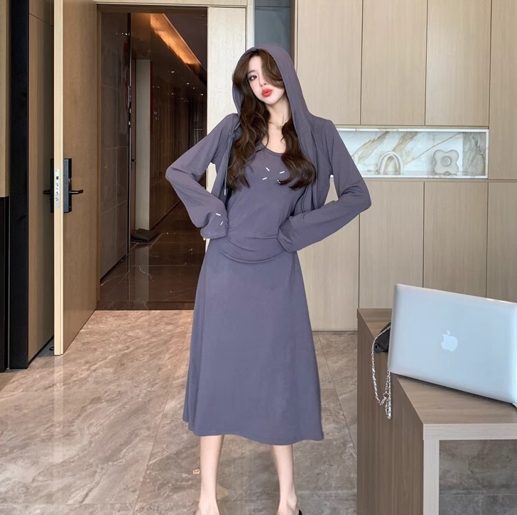 パーカー ワンピ 2点セット ワンピース アンサンブル ジャケット ロング丈 長袖 かわいい 大人可愛い きれいめ シンプル カジュアル 大人 上品 おしゃれ お洒落 かっこいい レトロ 大人女子