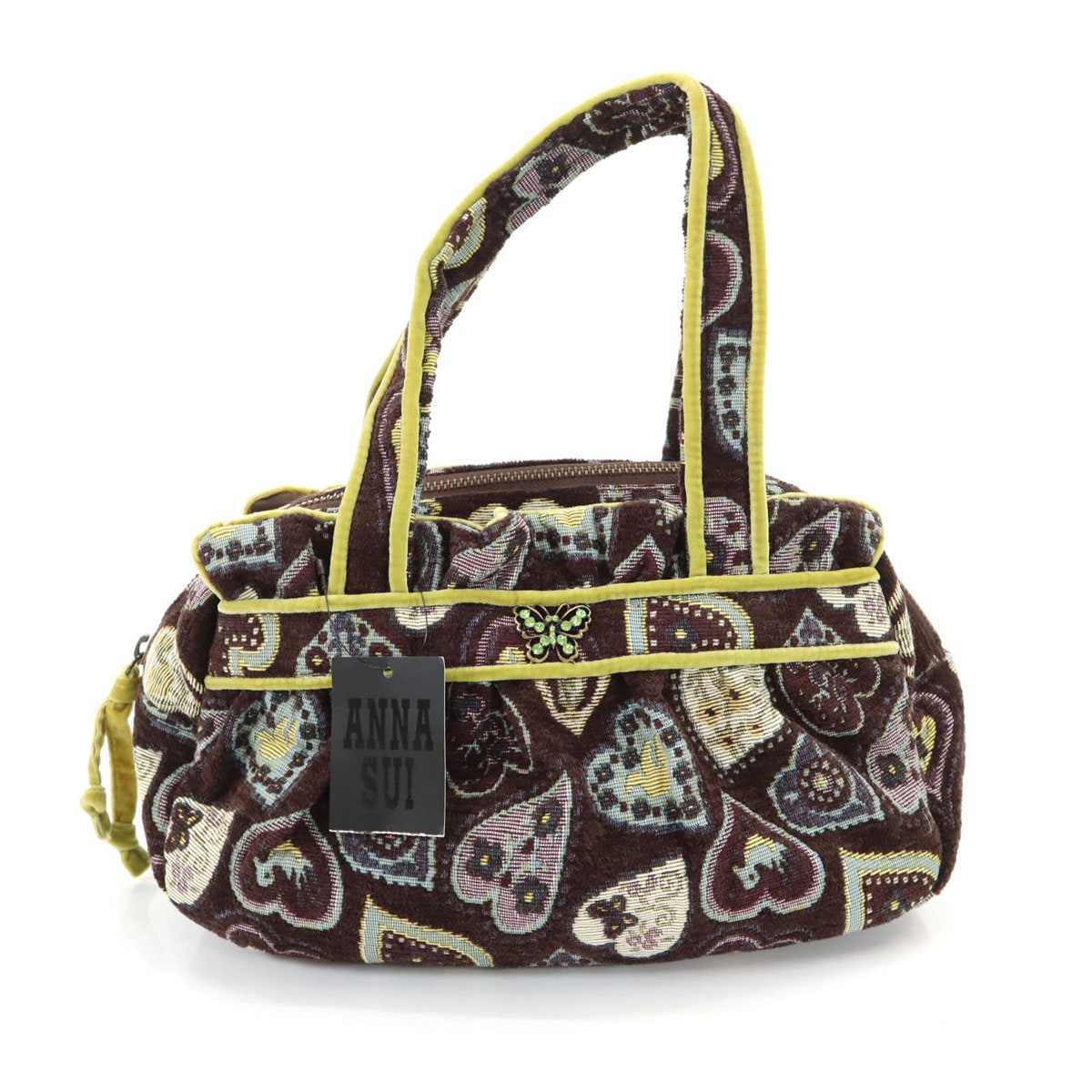 未使用 日本製 ゴブラン織り ハート柄 ハンドバッグ ブラウン系 レディース 古着