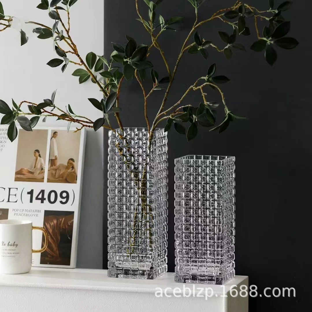 【20点セット】【送料無料】現代のシンプルな縦縞の四角形の透明な大型ガラスキューブ花瓶リビングのデスクトップのインテリア置物