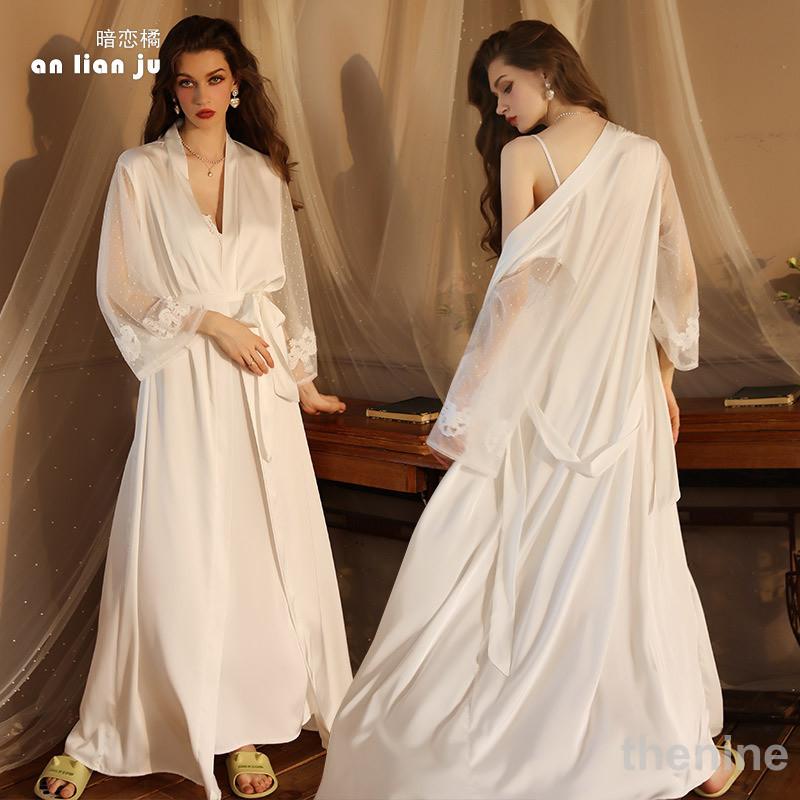 【超お得1つ買うと10個もらえる】ネグリジェ 春夏秋 長袖ネグリジェ2点セット 姫風ワンピース ロング丈 白レースVネックネグリジェ ナイトロープ ルームウェア パジャマ レディース 大人